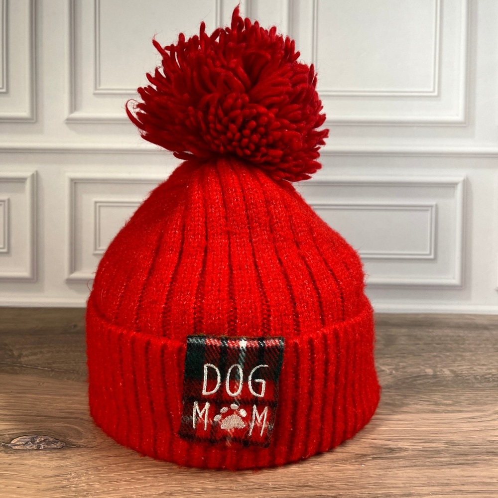 David and Young Beanie Women Red Dog Mom Plaid Patch Pom Ribbed Knit OS